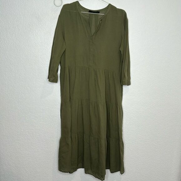 New Jenni Kayne James Tiered A-Line Dress 3/4 Sleeve Moss Green Large Linen - Picture 2 of 16